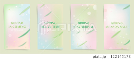 Set of Spring Nature Sale Designs. Green and pink gradient backgrounds with natural leaf patterns. Aesthetic templates for flyers, greeting cards, and banners. Set of Spring Nature Sale Designs. Green and pink gradient backgrounds with natural leaf patterns. Aesthetic templates for flyers, greeting cards, and banners. 122145178