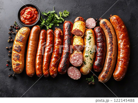 Various juicy grilled sausages made from pork and beef and chicken.Macro.AI Generative. Various juicy grilled sausages made from pork and beef and chicken.Macro.AI Generative. 122145488
