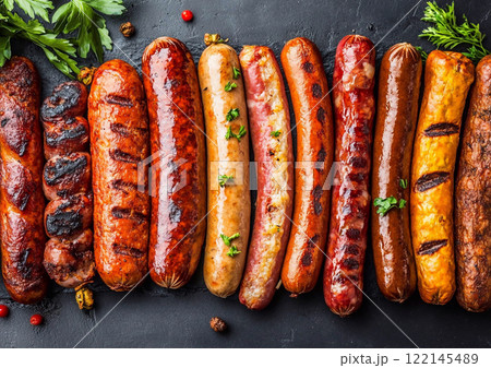 Various juicy grilled sausages made from pork and beef and chicken.Macro.AI Generative. Various juicy grilled sausages made from pork and beef and chicken.Macro.AI Generative. 122145489