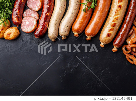 Grilled assorted Bavarian pork and beef sausages ready for Oktoberfest party.Macro.AI Generative. 122145491