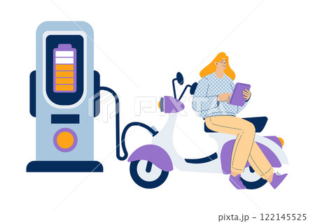 Electric Transport with Woman Character Charge Motor Scooter Vector Illustration Electric Transport with Woman Character Charge Motor Scooter Vector Illustration 122145525