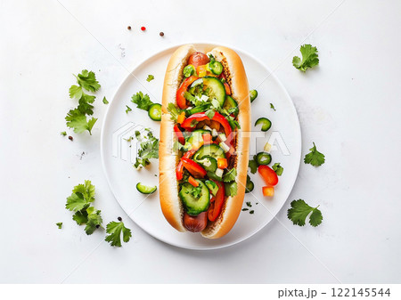 White plate with hot dog topped with fresh vegetables and sauce on table.Macro.AI Generative. 122145544