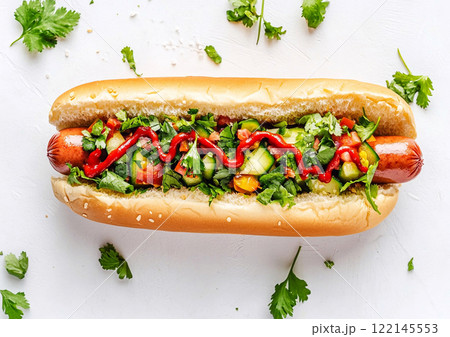 Tasty hot dog with pork sausage and topped with various vegetables and sauce.Macro.AI Generative. 122145553