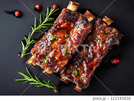 Barbeque grilled fresh pork ribs with herbs and tomatoes with rosemary.Macro.AI Generative. Barbeque grilled fresh pork ribs with herbs and tomatoes with rosemary.Macro.AI Generative. 122145816