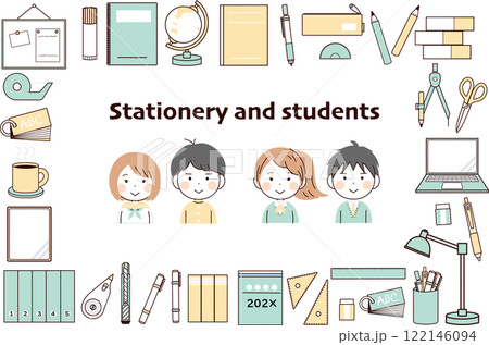 シンプルな文房具と学生の素材セット1 122146094