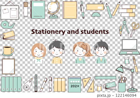 シンプルな文房具と学生の素材セット1 122146094