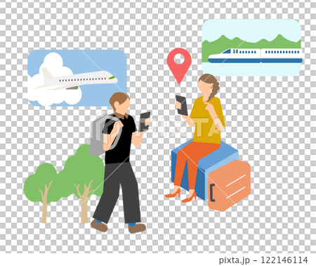 Illustration of a man and woman planning a trip on a smartphone 122146114