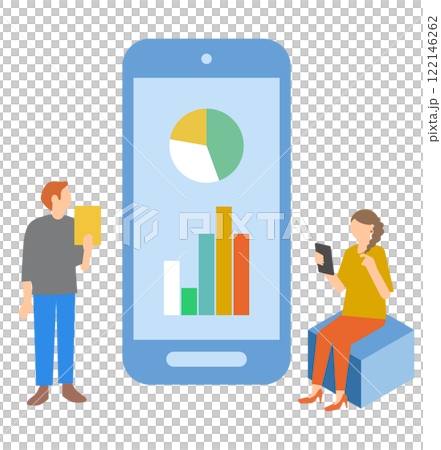 Illustration of a man and woman analyzing graphs while looking at a smartphone Illustration of a man and woman analyzing graphs while looking at a smartphone 122146262