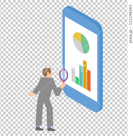 Isometric illustration of a man analyzing graphs while looking at his smartphone Isometric illustration of a man analyzing graphs while looking at his smartphone 122146263