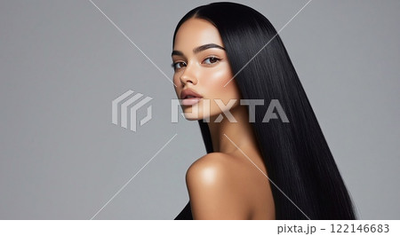 Studio shot of beautiful woman with long silky black hair for hair.Macro.AI Generative. Studio shot of beautiful woman with long silky black hair for hair.Macro.AI Generative. 122146683
