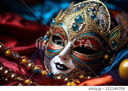 Banner consisting from traditional species carnival mask in beads for celebration holiday Purim, Ai generated 122146709
