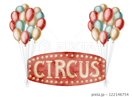 Festive Circus Banner with colorful Balloons and vintage text. Watercolor illustration of Carnival design for party invitation in red, green and golden colors. Drawing for festival performer. Festive Circus Banner with colorful Balloons and vintage text. Watercolor illustration of Carnival design for party invitation in red, green and golden colors. Drawing for festival performer. 122146754