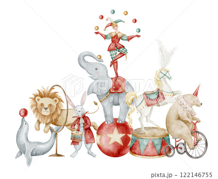 Watercolor illustration of Circus scene with Juggling Clown, a lion, a bear on a tricycle, a performing elephant, and a horse on a pedestal. Drawing of Carnival Performance for Baby greeting cards. 122146755