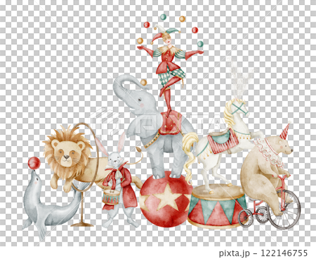 Watercolor illustration of Circus scene with Juggling Clown, a lion, a bear on a tricycle, a performing elephant, and a horse on a pedestal. Drawing of Carnival Performance for Baby greeting cards. 122146755