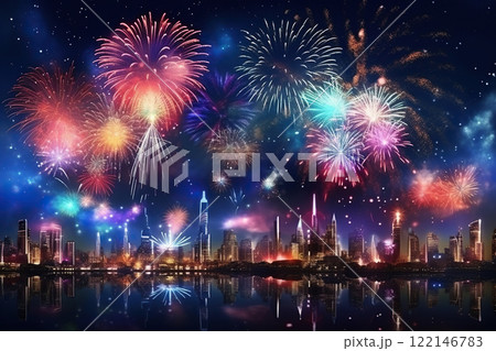Generative ai on theme festive brightly fireworks on twilight background high in dark sky 122146783