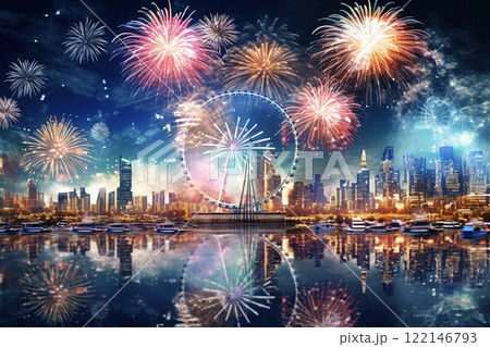 Generative ai on theme festive brightly fireworks on twilight background high in dark sky 122146793