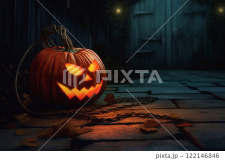 Big orange scary pumpkin on holiday Halloween, Ai generated 122146846