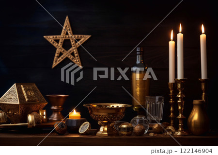 Candlestick with burning candles for Hanukkah, Ai generated 122146904