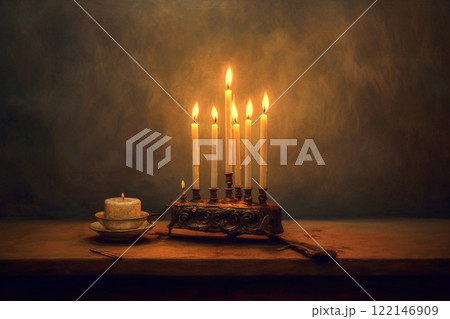 Candlestick with burning candles for Hanukkah, Ai generated 122146909