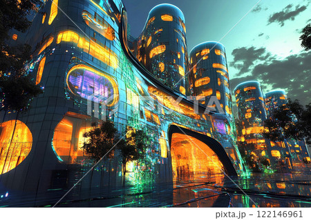 Modern architectural design blends nature and technology in a vibrant urban landscape 122146961