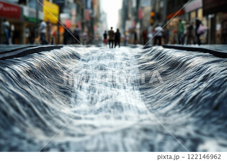 Waterfall cascades through city streets creating a stunning contrast between nature and urban life 122146962
