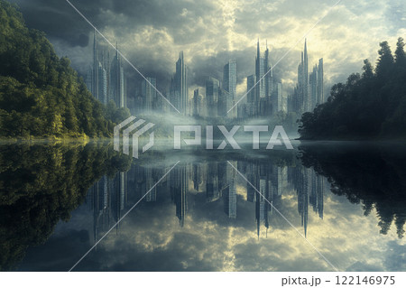 City skyline reflects in calm lake surrounded by trees during sunset with vibrant clouds and soft glow 122146975