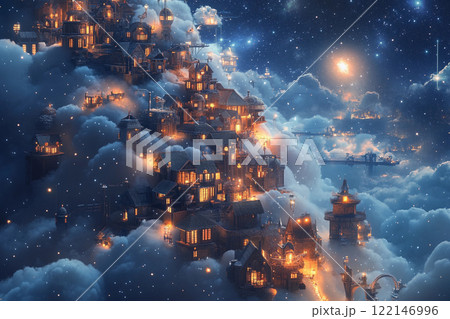 Enchanted village nestled among clouds with glowing windows under a starlit sky 122146996