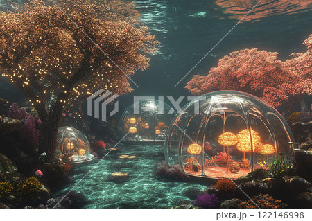 Underwater landscape featuring glowing trees and transparent bubbles illuminated by soft light 122146998