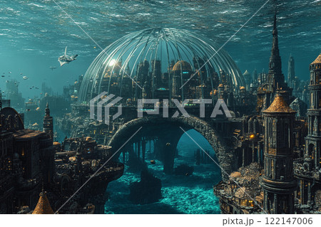 Underwater city with stunning architecture and marine life in a serene ocean setting 122147006