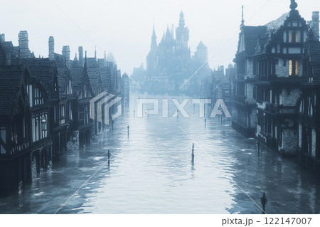 Flooded urban landscape depicts streets submerged in water with historic buildings in view near the city center during daylight Flooded urban landscape depicts streets submerged in water with historic buildings in view near the city center during daylight 122147007