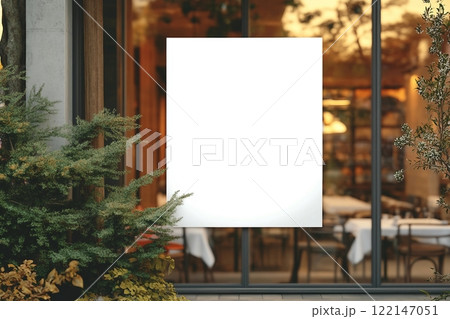 White paper poster mockup displayed outside the building restaurant. Marketing and business concept. White paper poster mockup displayed outside the building restaurant. Marketing and business concept. 122147051