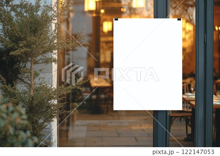 White paper poster mockup displayed outside the building restaurant. Marketing and business concept. White paper poster mockup displayed outside the building restaurant. Marketing and business concept. 122147053