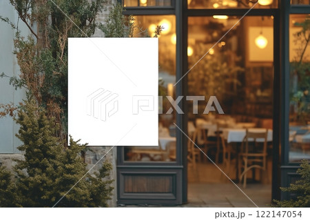 White paper poster mockup displayed outside the building restaurant. Marketing and business concept. 122147054
