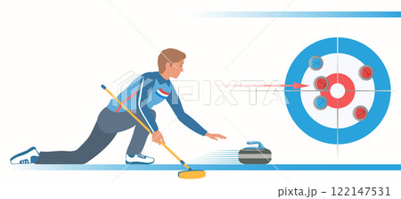 Winter sport. Curling Player with stone and brush on a ice rink. Curling Sheet and Stones near Tee. 122147531