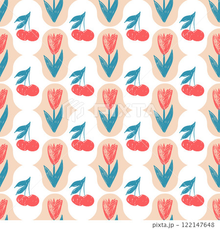 Flowers crayon drawn seamless pattern. Floral coquette allover background. Damask botanic with cherry repeat backdrop. Surface pattern design spring ogee motif. Vector hand drawn illustration Flowers crayon drawn seamless pattern. Floral coquette allover background. Damask botanic with cherry repeat backdrop. Surface pattern design spring ogee motif. Vector hand drawn illustration 122147648