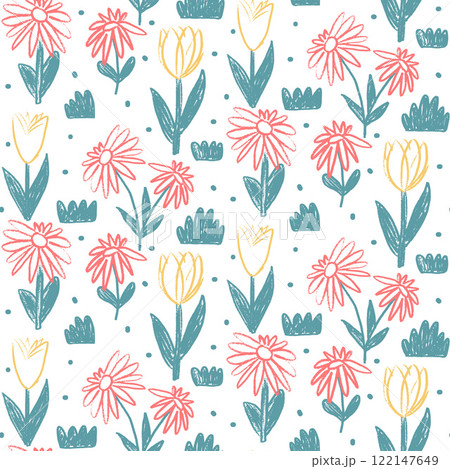 Flowers crayon drawn seamless pattern. Colorful floral allover background. Stylized botany repeat cover. Tulip, daisy and grass. Surface pattern design spring motif. Vector hand drawn illustration 122147649