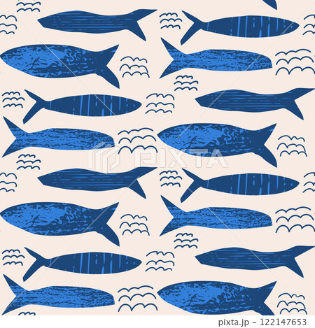Fish seamless pattern. Sardines blue textured allover background. Coastal repeat cover. School of anchovy continuous ornament. Surface pattern design seafood motif. Vector hand drawn illustration 122147653