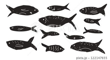 Fish set. Sardines school collection. Salmon silhouettes linocut style. Undersea animals. Vector hand drawn linocut collage elements illustration isolated on white background Fish set. Sardines school collection. Salmon silhouettes linocut style. Undersea animals. Vector hand drawn linocut collage elements illustration isolated on white background 122147655