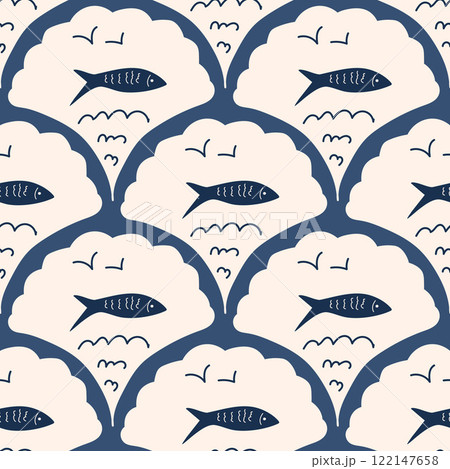 Fish scallop seamless pattern. Sardine stamp allover background. Anchovy repeat cover. Scandinavian stamp continuous ornament. Surface pattern design sea motif. Vector hand drawn illustration Fish scallop seamless pattern. Sardine stamp allover background. Anchovy repeat cover. Scandinavian stamp continuous ornament. Surface pattern design sea motif. Vector hand drawn illustration 122147658