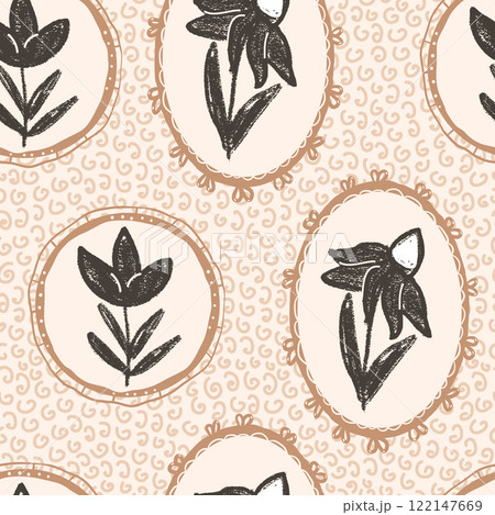 Flowers seamless pattern. Floral stencil on vintage frames allover background. Coneflower or daisy with crocus in oval and circular retro border. Vector hand drawn monochrome illustration 122147669
