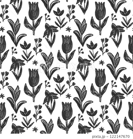 Flowers crayon seamless pattern. Black and white floral stencil allover background. Pencil drawn repeat cover. Surface pattern design spring motif. Vector hand drawn monochrome illustration Flowers crayon seamless pattern. Black and white floral stencil allover background. Pencil drawn repeat cover. Surface pattern design spring motif. Vector hand drawn monochrome illustration 122147670