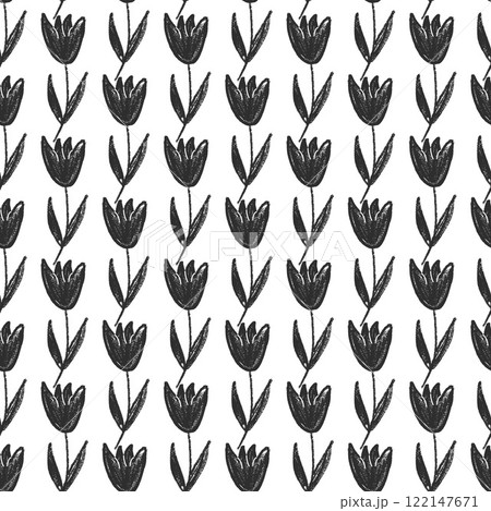 Tulip flower seamless pattern. Black and white floral stencil allover background. crayon drawn repeat cover. Wildflower marker continuous ornament. Vector hand drawn monochrome illustration Tulip flower seamless pattern. Black and white floral stencil allover background. crayon drawn repeat cover. Wildflower marker continuous ornament. Vector hand drawn monochrome illustration 122147671
