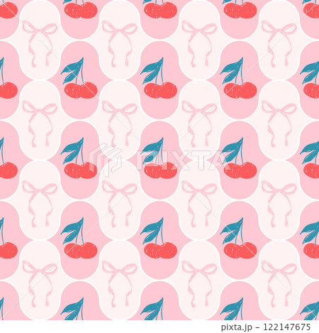 Cherry with bow crayon drawn seamless pattern. Coquette allover background. Damask girly repeat backdrop. Surface pattern design spring ogee motif. Vector hand drawn illustration 122147675
