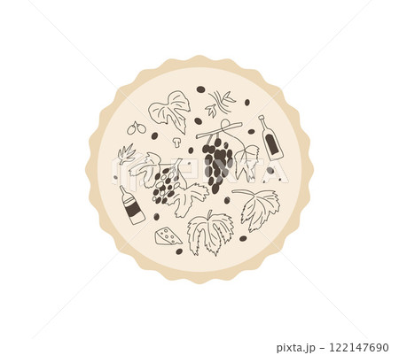 Winery emblem. Wine bottle, grapes on round stamp. Tasting event circular perforated edges label. Visit a vineyard. Vector hand drawn doodle illustration 122147690