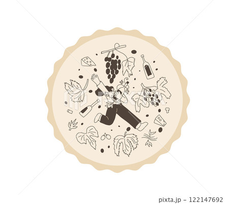 Wine club emblem. Woman with wine bottle on round stamp. Tasting event circular perforated edges label. Party with alcohol drinks. Person visit a winery. Vector hand drawn doodle illustration 122147692