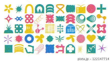 Geometric risograph shapes set. Brutalism postmodern figures pack. Retro y2k forms. Simple graphic distortion stickers. Vector flat refraction elements collection illustration 122147714