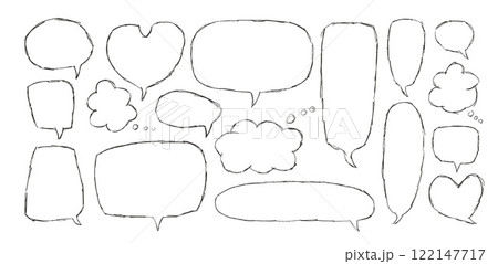Speech bubbles set. Crayon doodle text borders. Chat dialog boxes. Comic talk clouds by chalk or pencil isolated on white background. Childish style quotation callout balloon Vector illustration 122147717