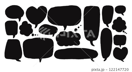 Speech bubbles set. Doodle text frame. Chat dialog boxes. Comic talk clouds isolated on white background. Childish style quotation balloon Vector hand drawn illustration Speech bubbles set. Doodle text frame. Chat dialog boxes. Comic talk clouds isolated on white background. Childish style quotation balloon Vector hand drawn illustration 122147720