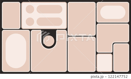 Scallop edged frame template. Bento collage grid shapes. Geometry modular moodboard borders with perforation. Label textboxes Lace frill pack. Trendy blocks blank layout. Vector flat illustration. 122147752