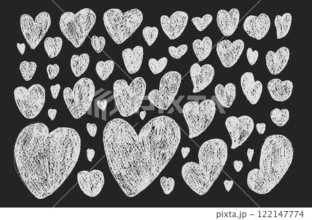 Hearts chalk set. Crayon romantic elements. Love signs grunge icons on blackboard. Textured vector charity or kind symbols shapes drawn by wax marker illustration isolated on black background. 122147774